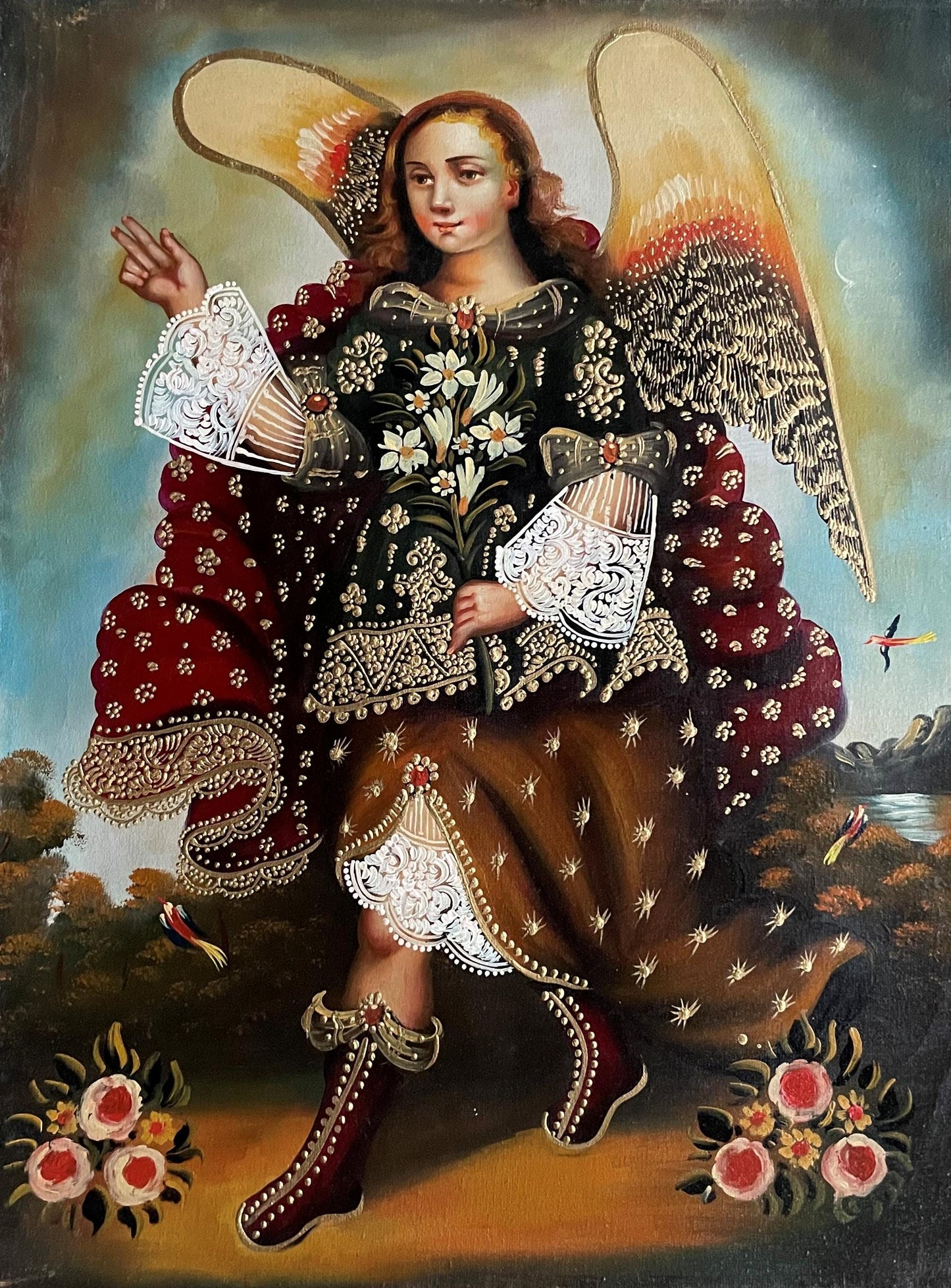 Archangel Gabriel Original Painting Oil on Canvas Cusco School 11 3/4 x 15 1/2 CS52536