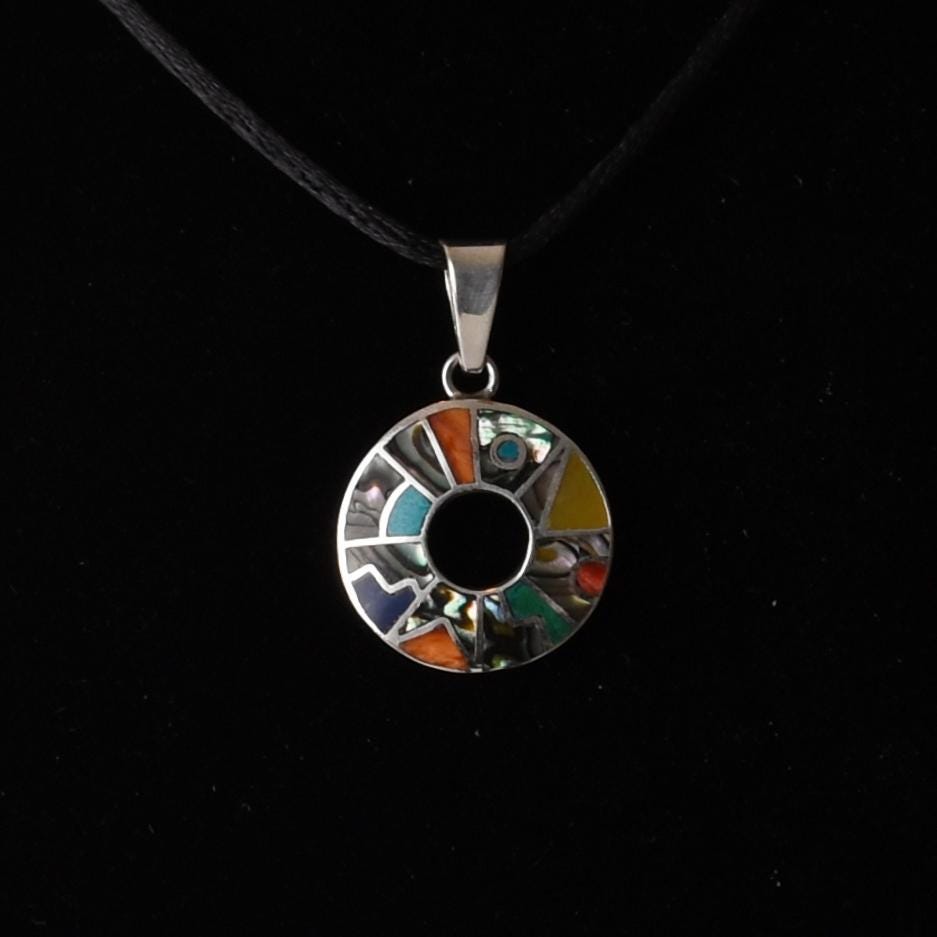 Inca Calendar Pendant with Stone Inlay Peru 950 Silver Sacred Valley P52538 - Shaman Things