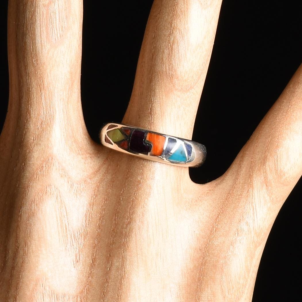 Inca Calendar Ring Size 8.5 Sacred Valley Peru 950 Silver Stone and Abalone Inlay R52509 - Shaman Things