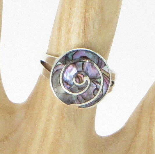 Incan Patterns Pachamama Spiral Ring Abalone Inlay Size 5 1/2 Peru 950 Silver Sacred Valley RJV16 - Shaman Things