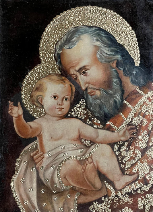 Joseph and Child Original Painting Oil on Canvas Cusco School 11 1/2 x 15 1/2 CS52540 - Shaman Things