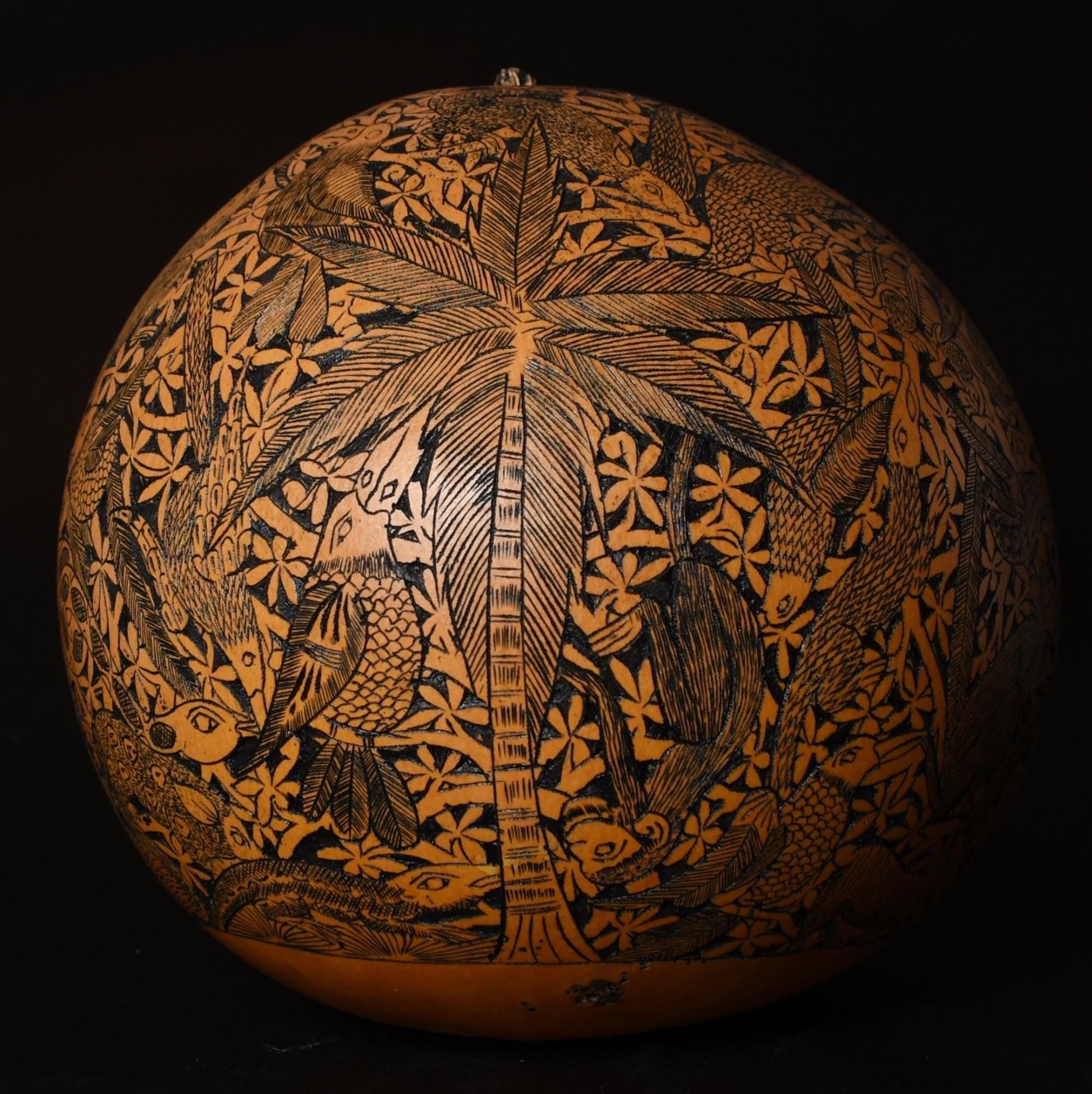 Large Folk Art Carved Gourd Jungle Animals Palm Trees hand carved Sacred Valley Peru G52508 - Shaman Things