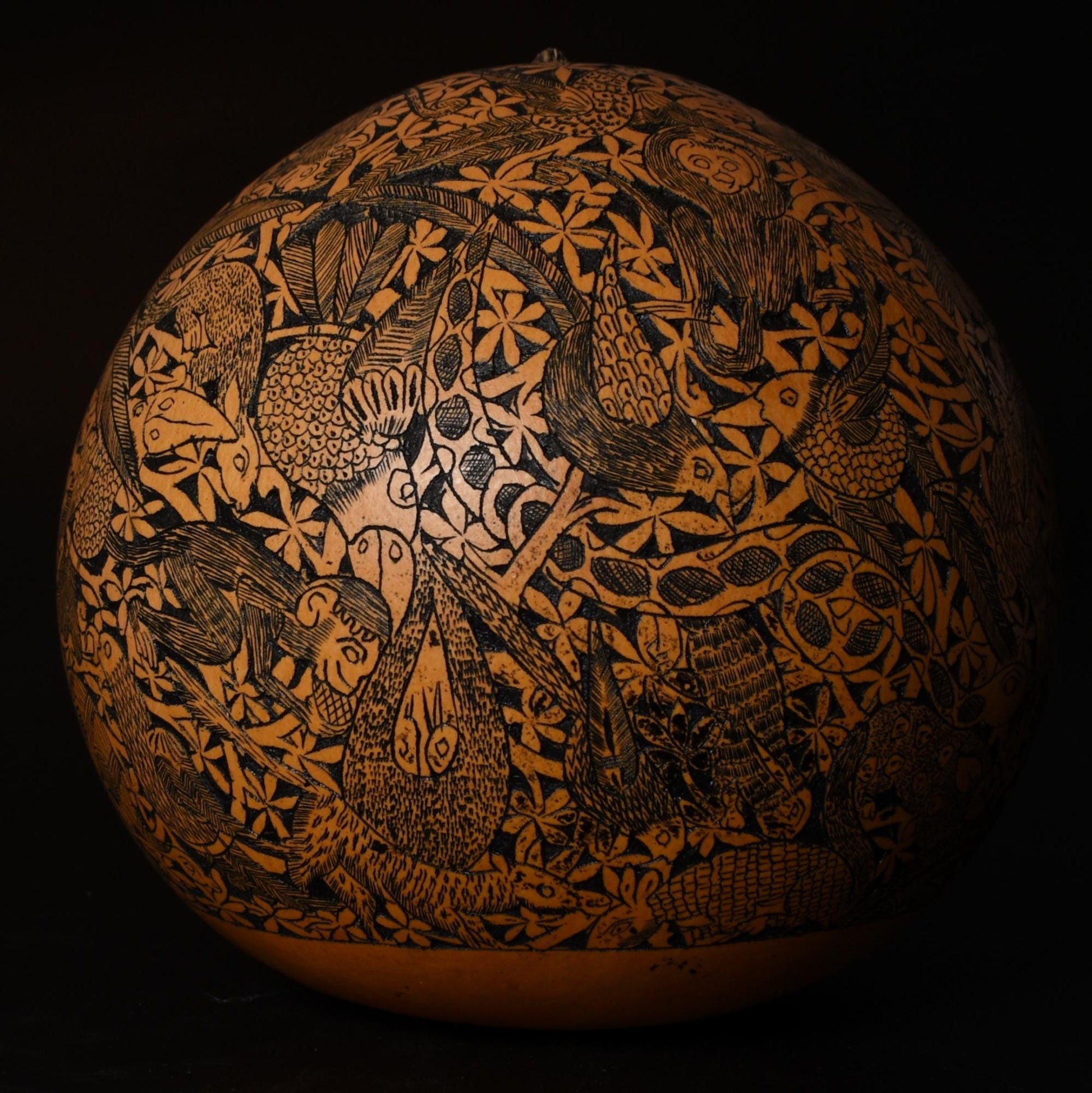 Large Folk Art Carved Gourd Jungle Animals Palm Trees hand carved Sacred Valley Peru G52508 - Shaman Things