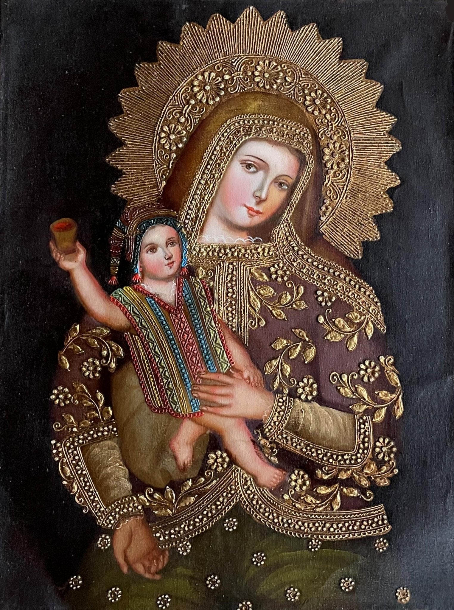 Madonna and Child Original Painting Oil on Canvas Cusco School 12 x 15 1/2 CS52534 - Shaman Things