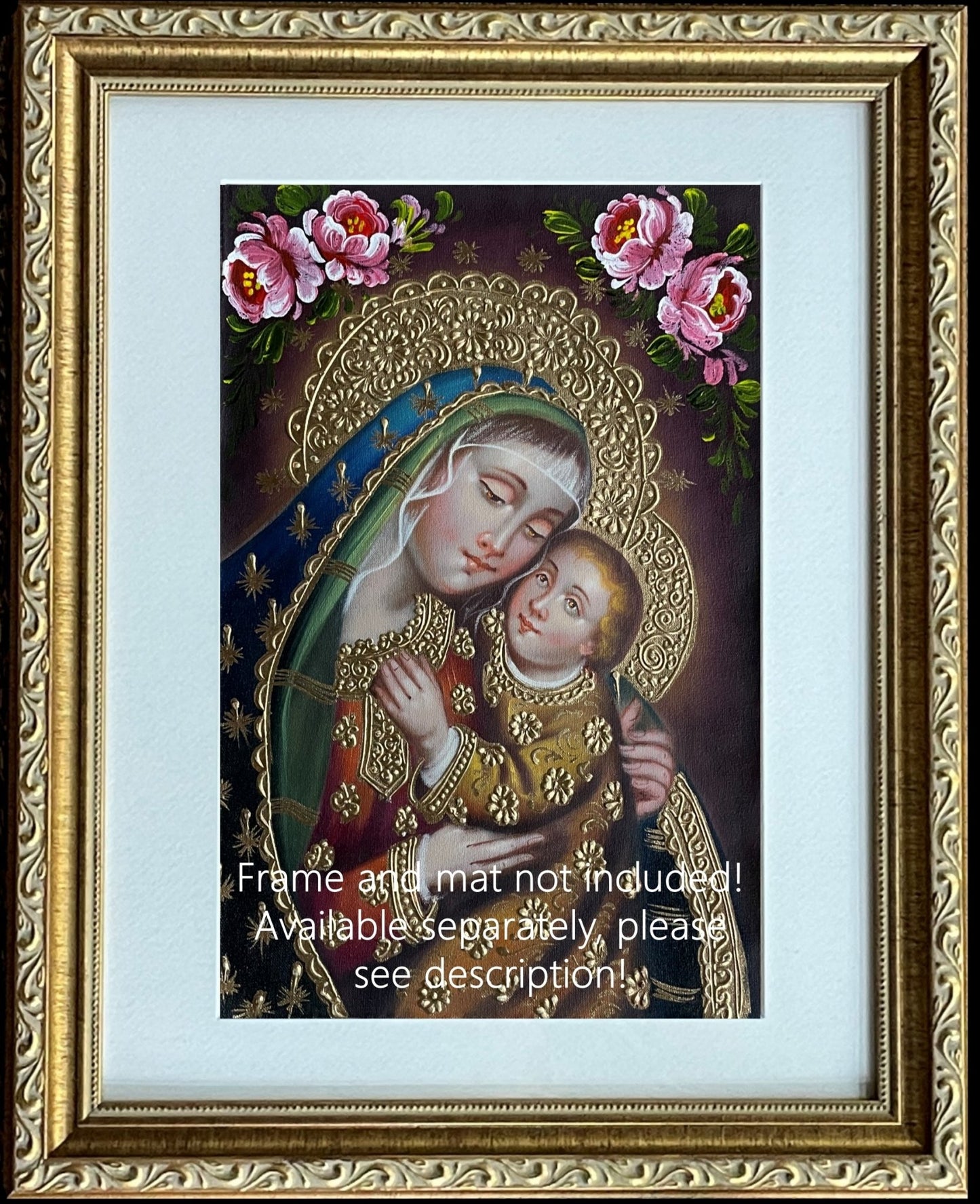 Madonna and Child Original Painting Oil on Canvas Cusco School 7 3/8 x 11 1/4 CS52514 - Shaman Things