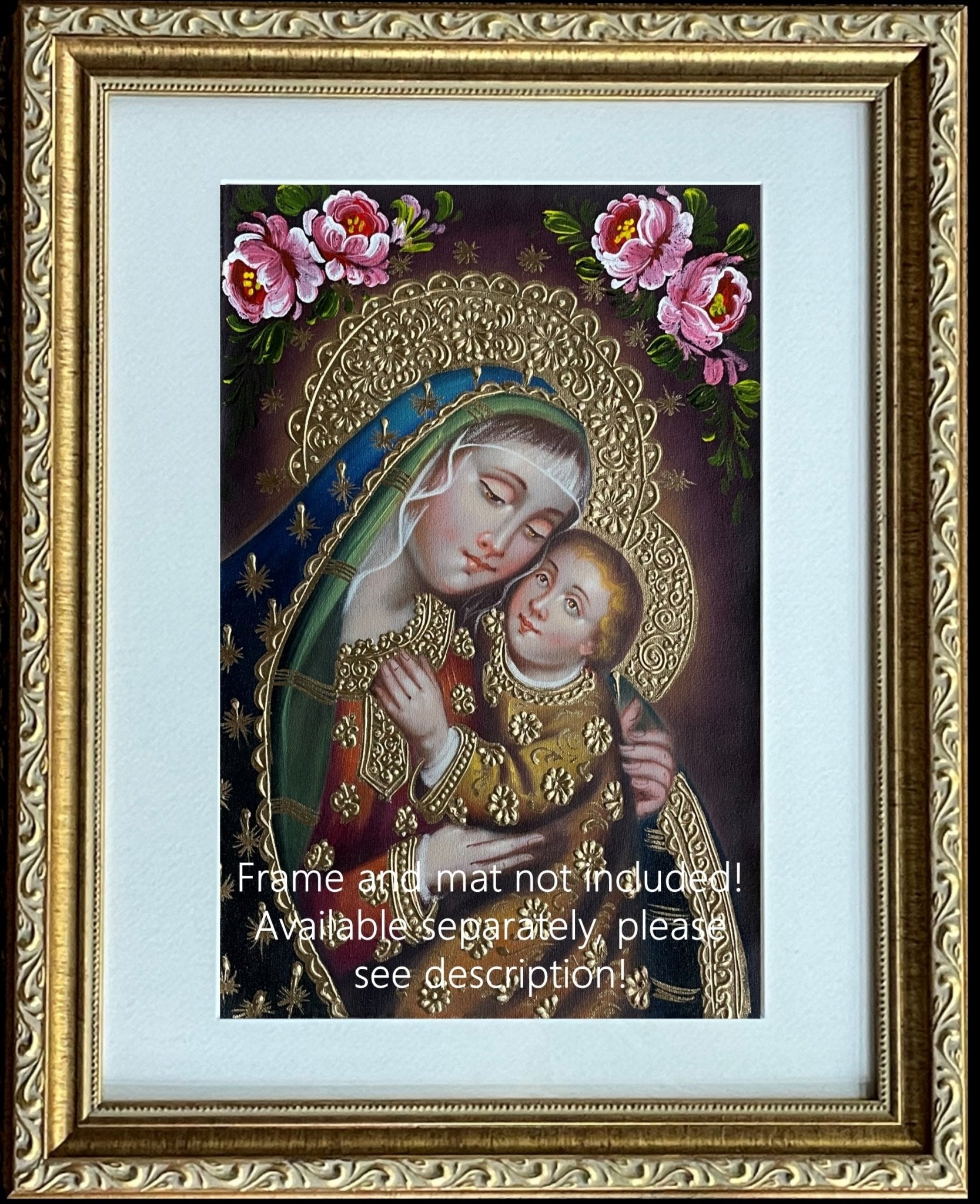 Madonna and Child Original Painting Oil on Canvas Cusco School 7 3/8 x 11 1/4 CS52514 - Shaman Things