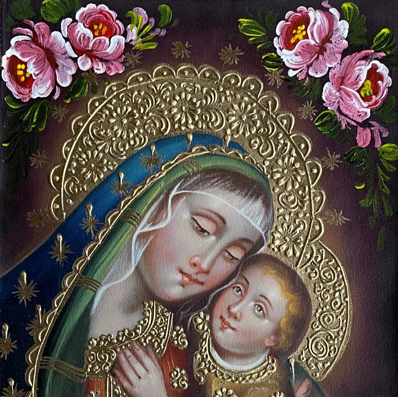 Madonna and Child Original Painting Oil on Canvas Cusco School 7 3/8 x 11 1/4 CS52514 - Shaman Things
