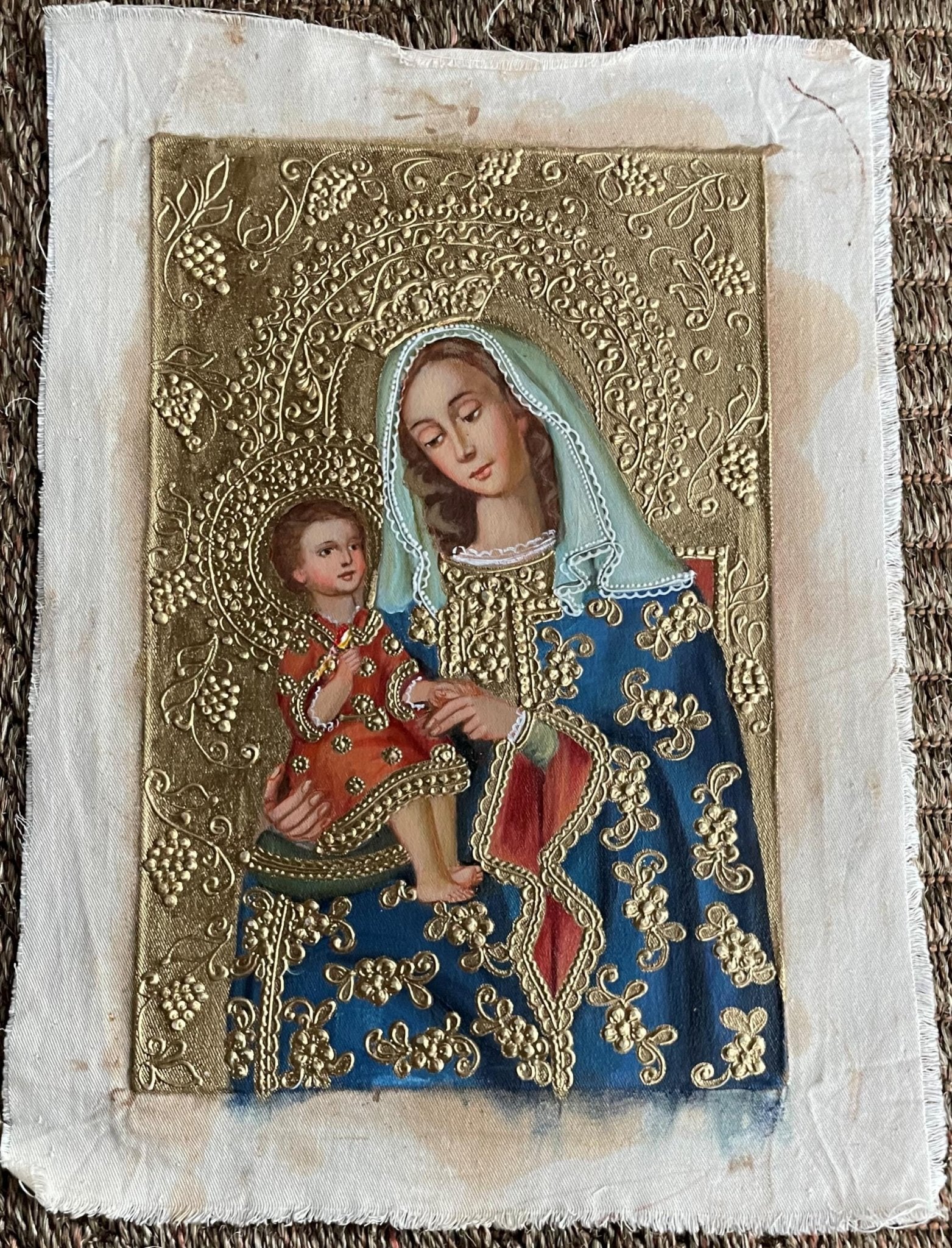 Madonna and Child Original Painting Oil on Canvas Cusco School 7 3/8 x 11 1/4 CS52521 - Shaman Things
