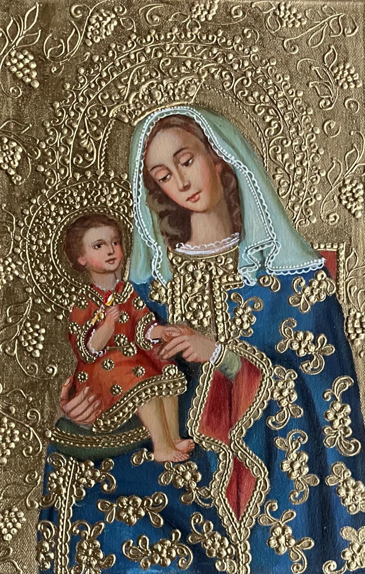 Madonna and Child Original Painting Oil on Canvas Cusco School 7 3/8 x 11 1/4 CS52521 - Shaman Things