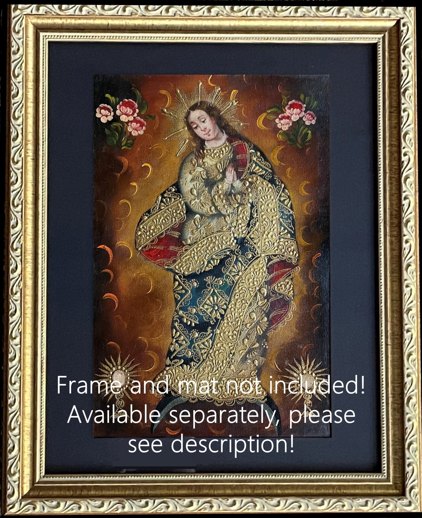 Madonna Virgin Mary Original Painting Oil on Canvas Cusco School 7 3/8 x 11 1/4 CS52508 - Shaman Things