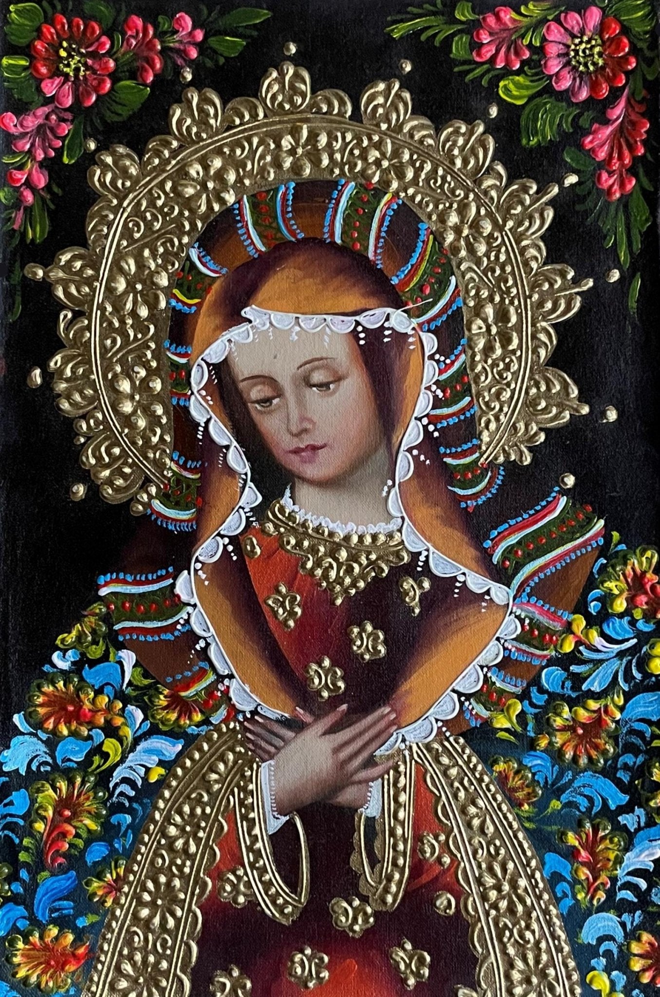 Madonna Virgin Mary Original Painting Oil on Canvas Cusco School 7 3/8 x 11 1/4 CS52516 - Shaman Things