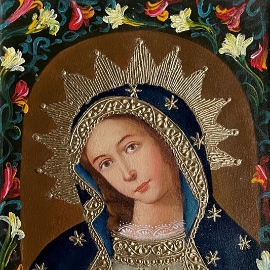 Madonna Virgin Mary Original Painting Oil on Canvas Cusco School 7 3/8 x 11 1/4 CS52522 - Shaman Things