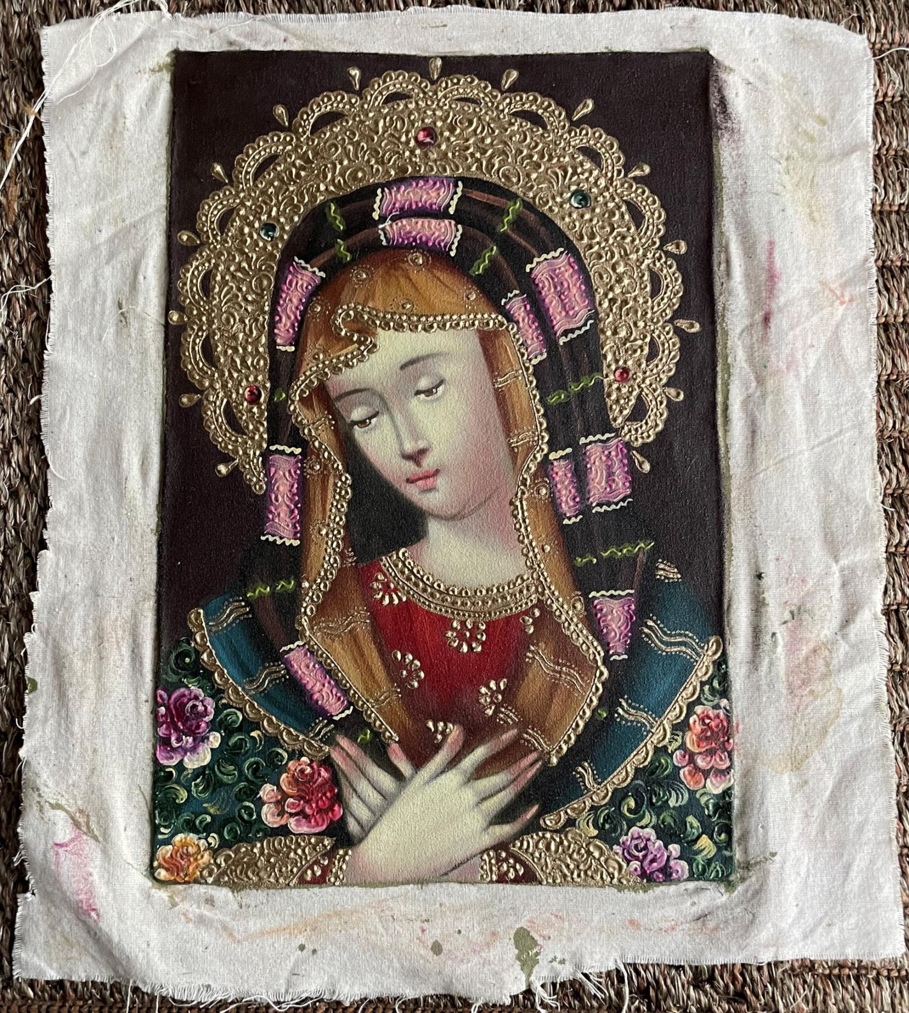 Madonna Virgin Mary Original Painting Oil on Canvas Cusco School 7 3/8 x 11 1/4 CS52523 - Shaman Things
