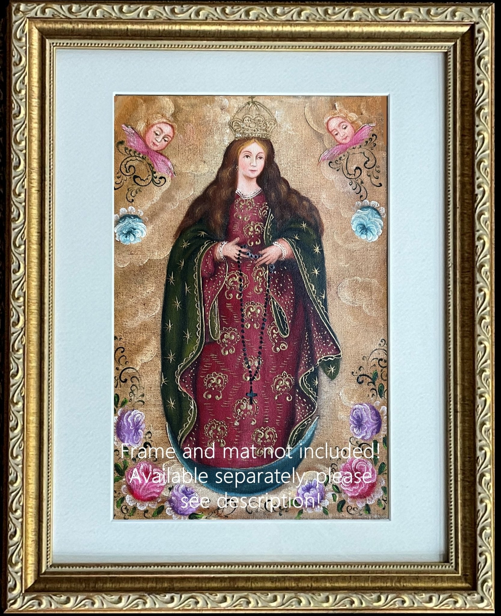 Madonna Virgin Mary Original Painting Oil on Canvas Cusco School 7 3/8 x 11 1/4 CS52524 - Shaman Things