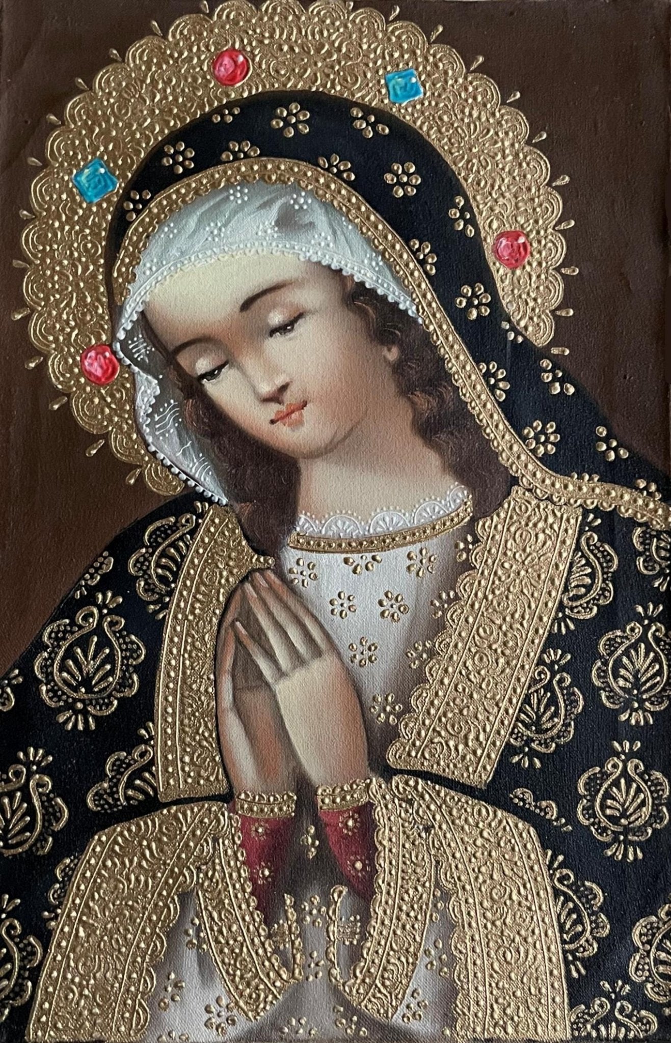 Madonna Virgin Mary Original Painting Oil on Canvas Cusco School 7 3/8 x 11 1/4 CS52525 - Shaman Things