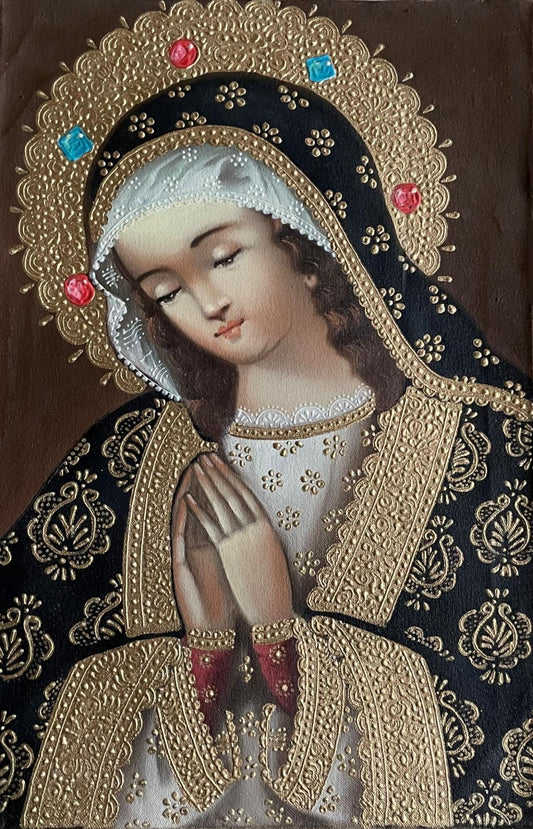 Madonna Virgin Mary Original Painting Oil on Canvas Cusco School 7 3/8 x 11 1/4 CS52525 - Shaman Things