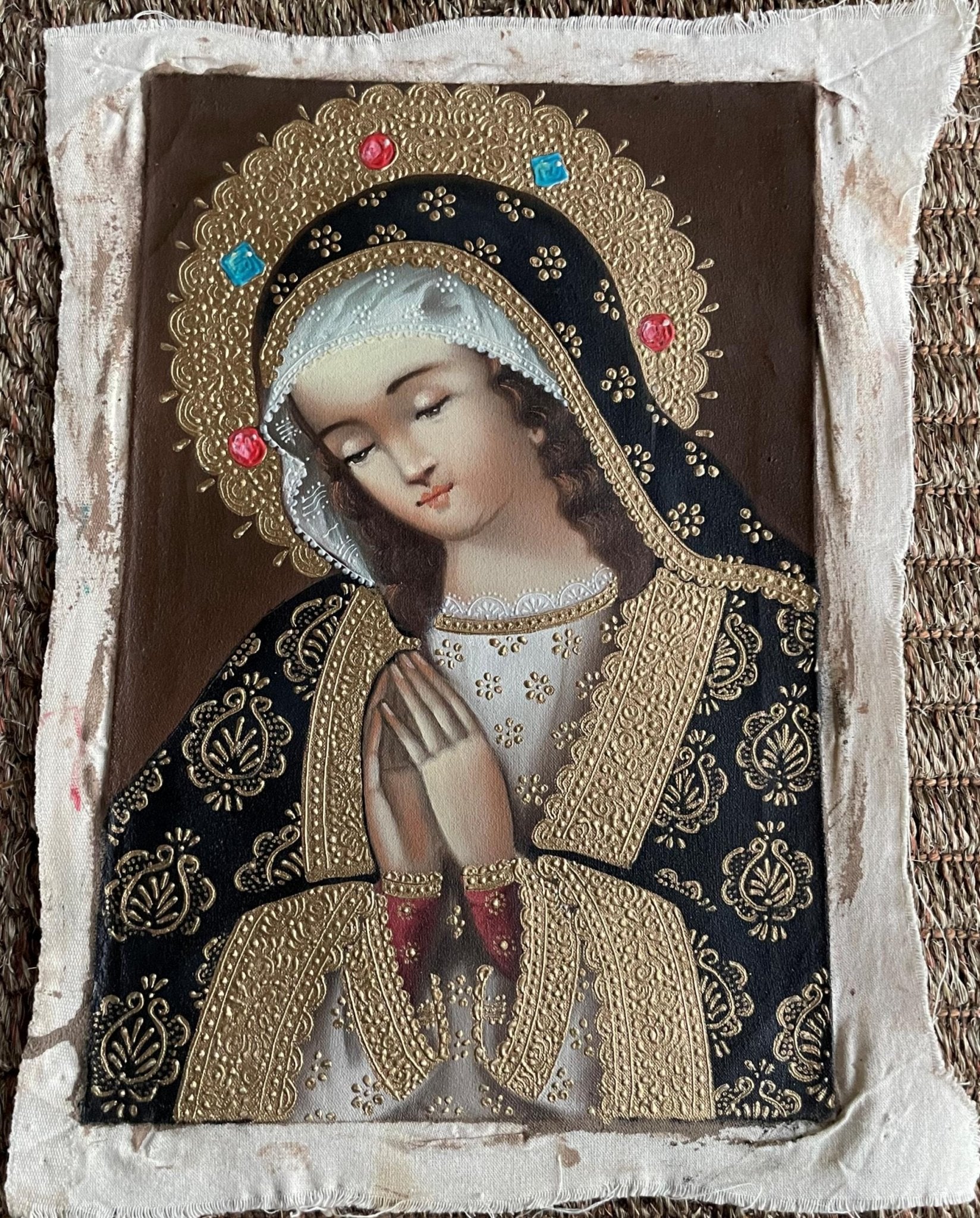 Madonna Virgin Mary Original Painting Oil on Canvas Cusco School 7 3/8 x 11 1/4 CS52525 - Shaman Things