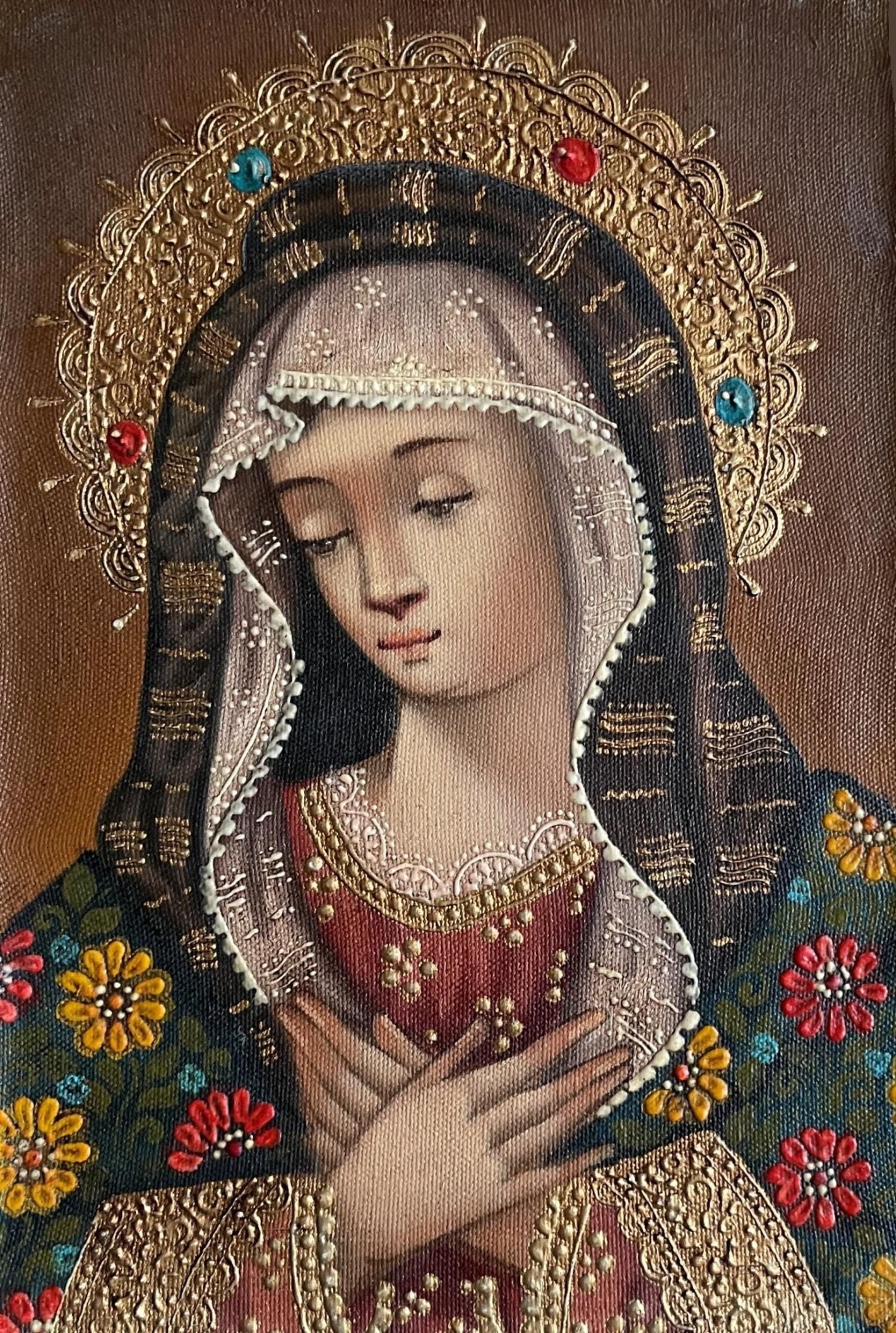 Madonna Virgin Mary Original Painting Oil on Canvas Cusco School 7 3/8 x 11 1/4 CS52532 - Shaman Things