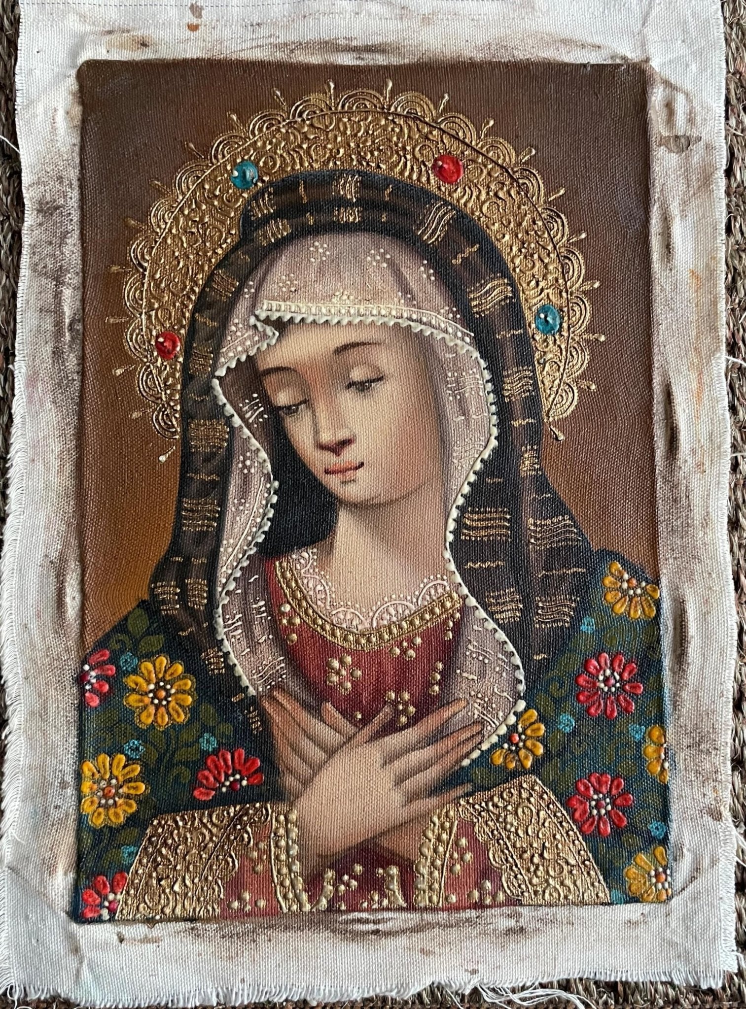 Madonna Virgin Mary Original Painting Oil on Canvas Cusco School 7 3/8 x 11 1/4 CS52532 - Shaman Things
