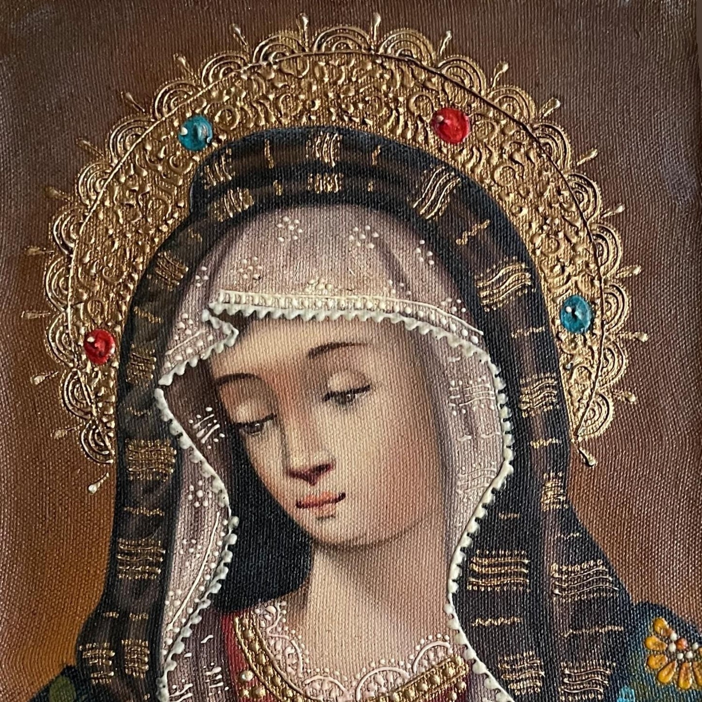 Madonna Virgin Mary Original Painting Oil on Canvas Cusco School 7 3/8 x 11 1/4 CS52532 - Shaman Things