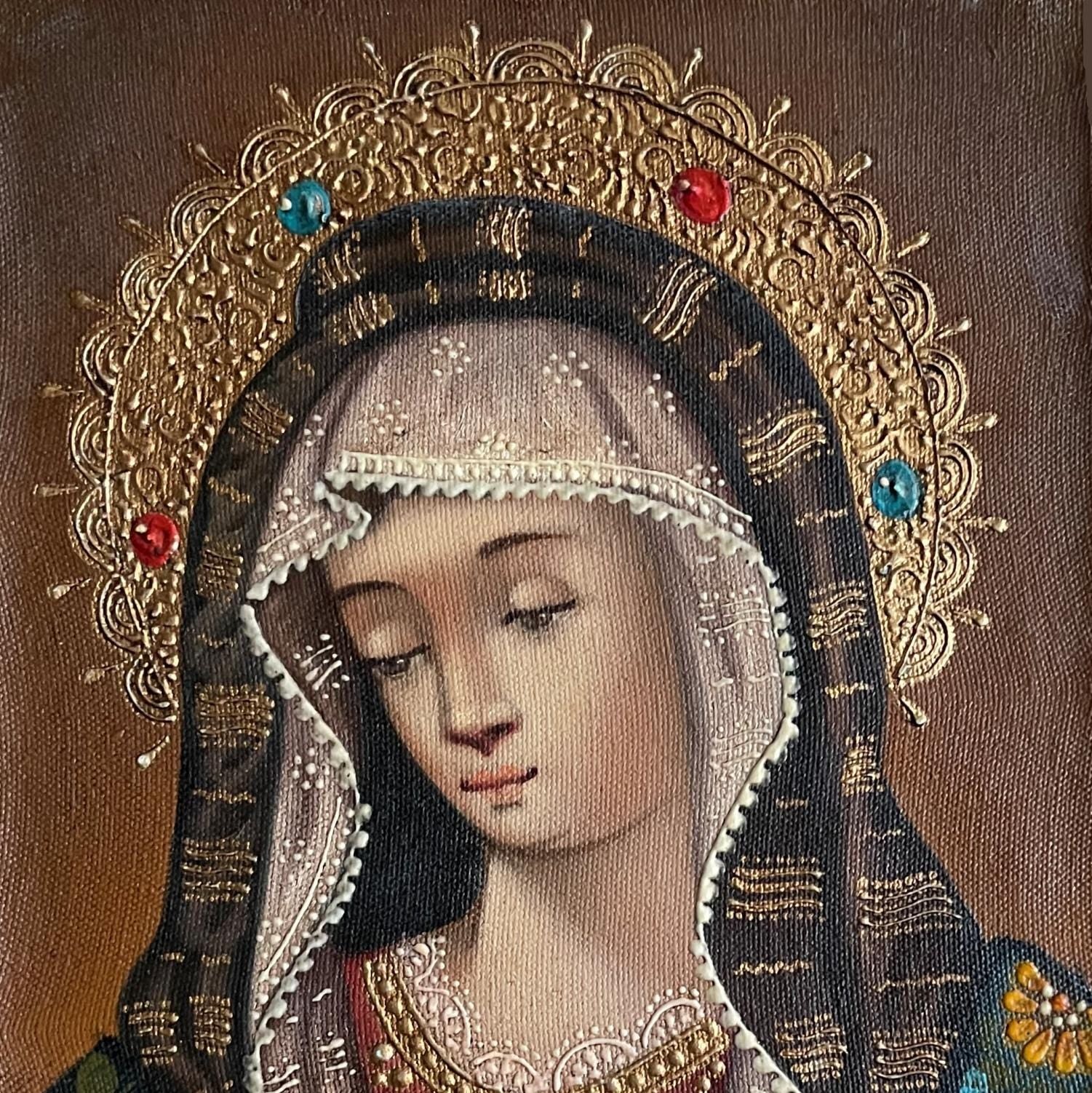 Madonna Virgin Mary Original Painting Oil on Canvas Cusco School 7 3/8 x 11 1/4 CS52532 - Shaman Things