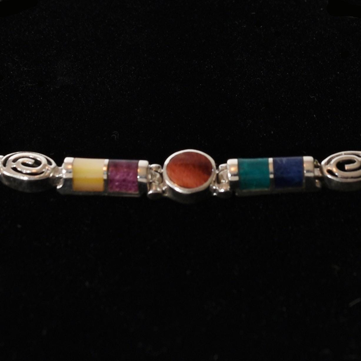 Pachamama Spiral Bracelet Multi - colored Stones Peru 950 Silver Sacred Valley B52501 - Shaman Things