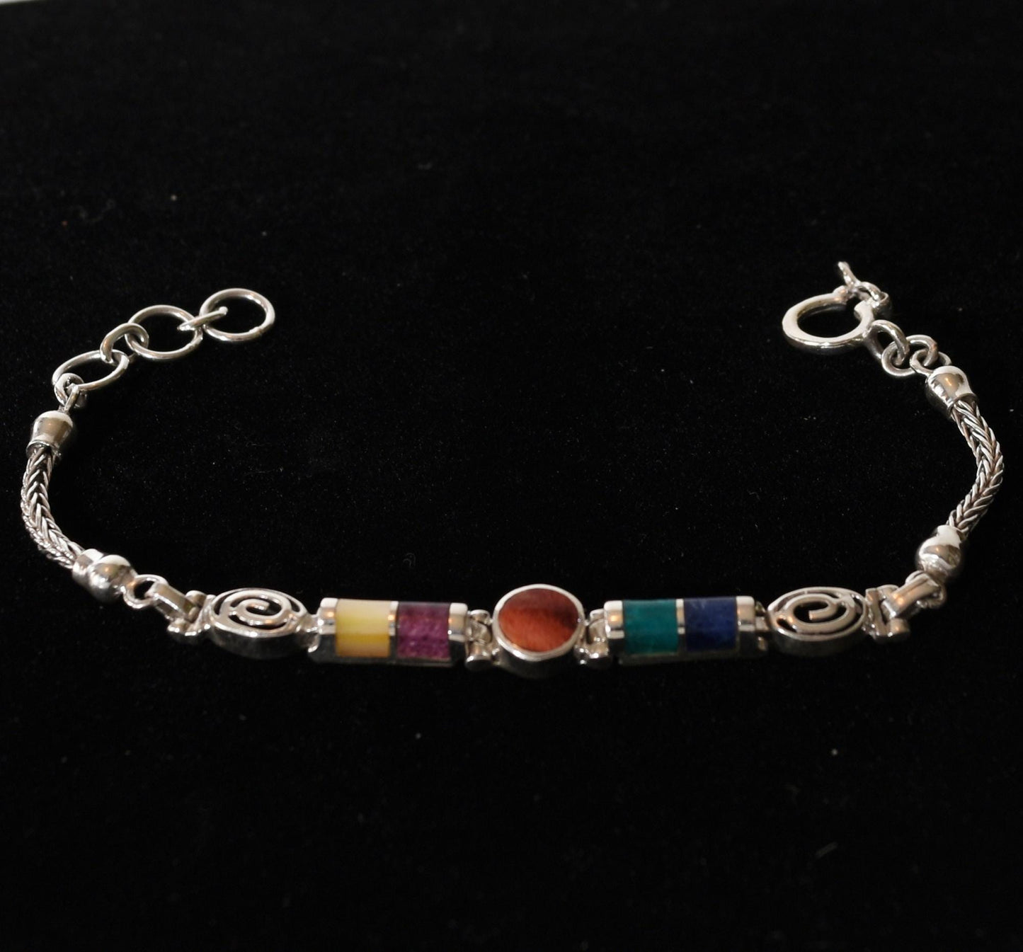 Pachamama Spiral Bracelet Multi - colored Stones Peru 950 Silver Sacred Valley B52501 - Shaman Things