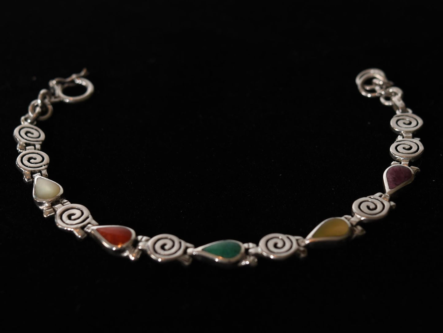 Pachamama Spiral Bracelet Multi - colored Stones Peru 950 Silver Sacred Valley B52503 - Shaman Things
