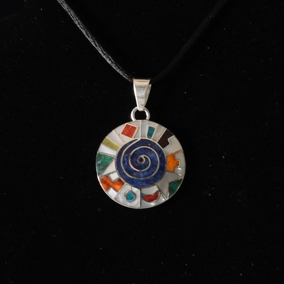 Pachamama Spiral Pendant with Stone and Abalone Inlay and Seven Chakra Stones Peru 950 Silver Sacred Valley P52527 - Shaman Things