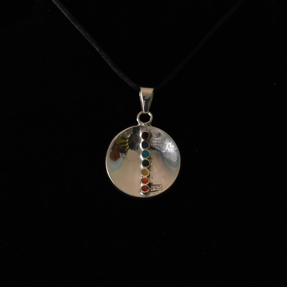 Pachamama Spiral Pendant with Stone and Abalone Inlay and Seven Chakra Stones Peru 950 Silver Sacred Valley P52527 - Shaman Things