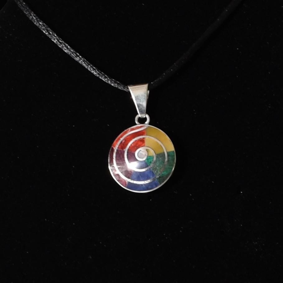 Pachamama Spiral Pendant with Stone Inlay and Seven Chakra Stones Peru 950 Silver Sacred Valley P52520 - Shaman Things