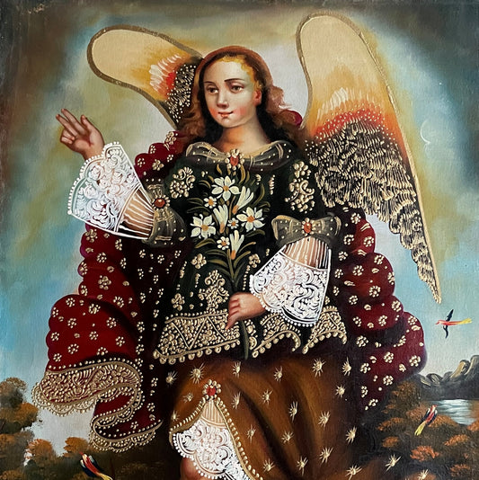 Archangel Gabriel Original Painting Oil on Canvas Cusco School 11 3/4 x 15 1/2 CS52536