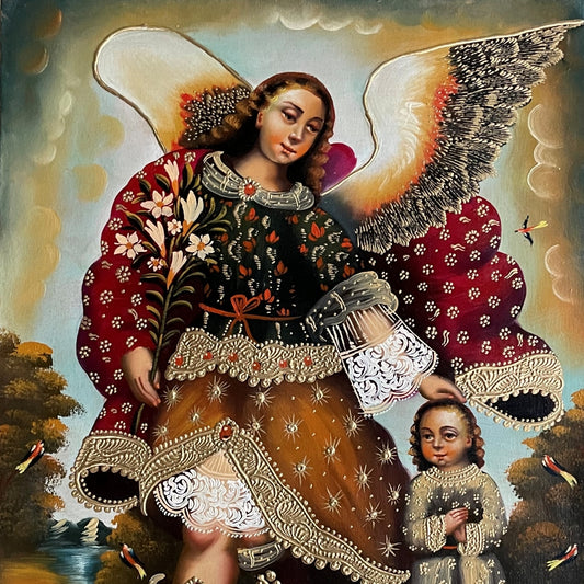 Guardian Angel / Angel de La Guarda Original Painting Oil on Canvas Cusco School 11 1/2 x 15 1/2 CS52539