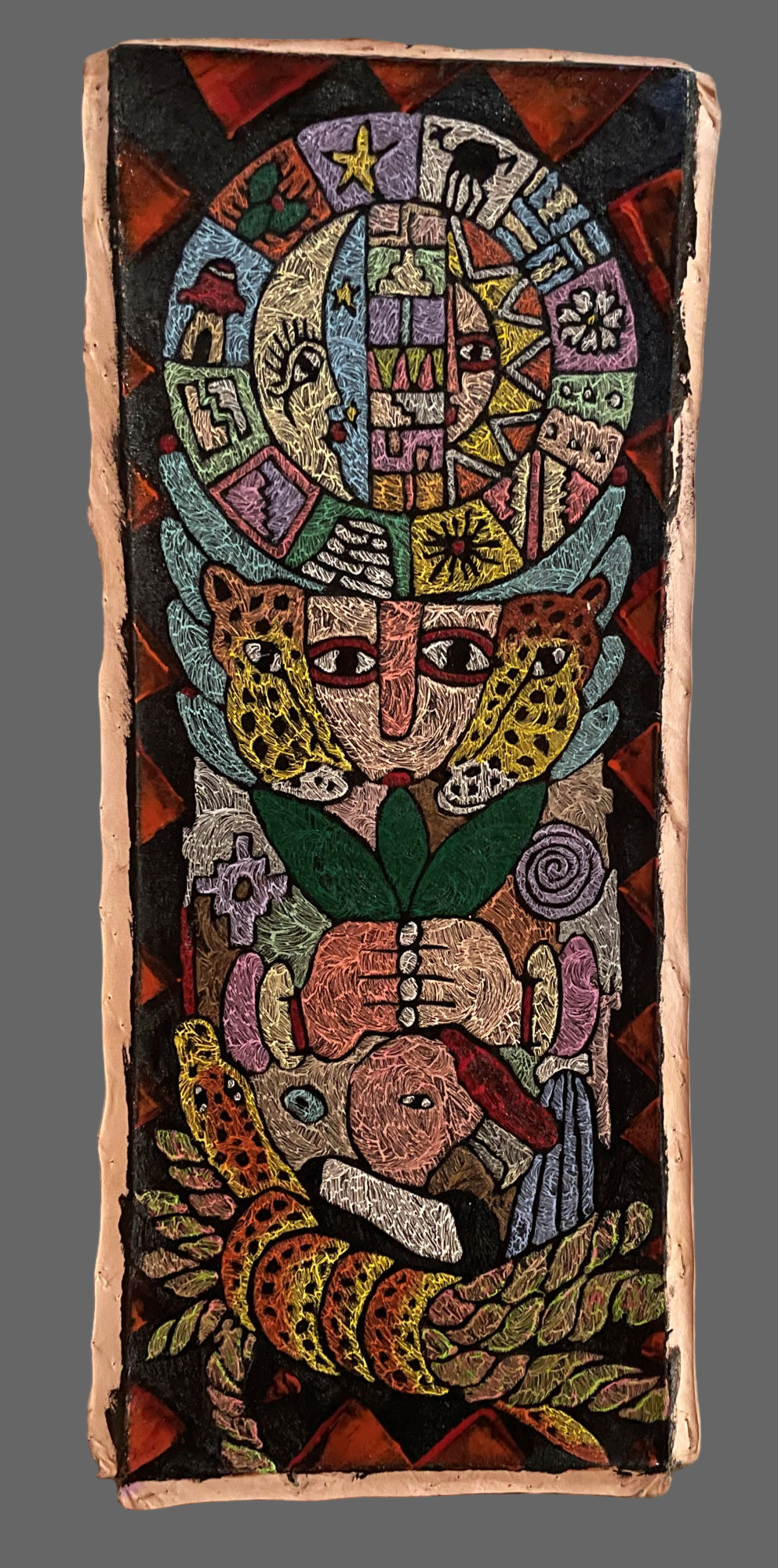 Shaman Painting on Leather Snake Condor Jaguar Inca Calendar 7 1/2 x19 1/2 Peru Sacred Valley