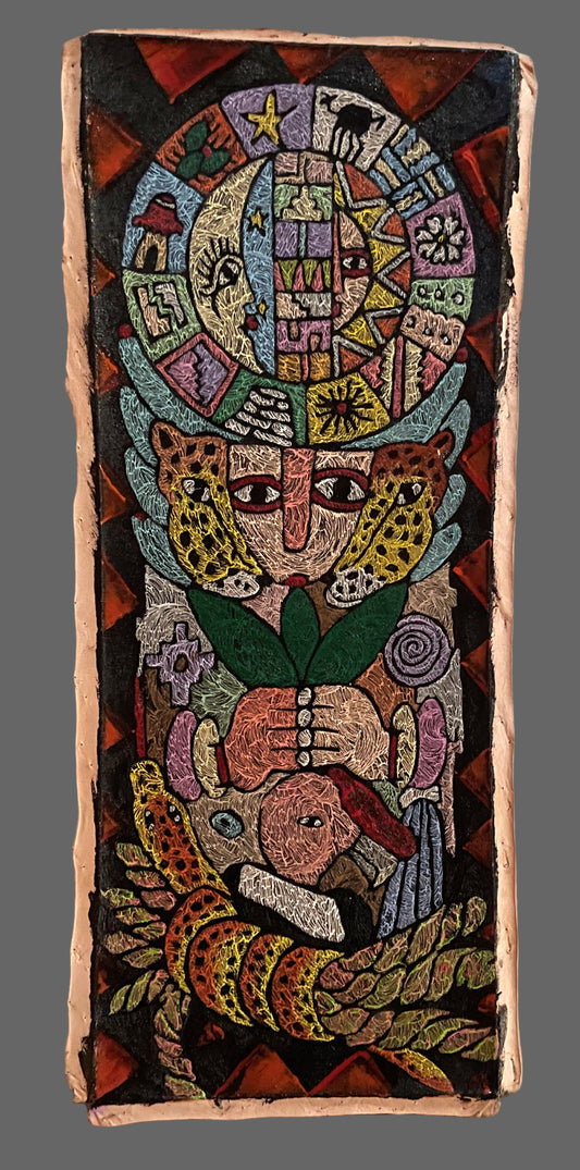 Shaman Painting on Leather Snake Condor Jaguar Inca Calendar 7 1/2 x19 1/2 Peru Sacred Valley