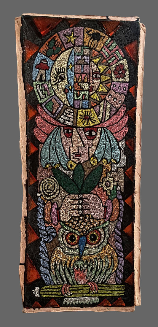 Shaman Painting on Leather Coca Leaf Kintu Owl lInca Calendar 7 1/2 x19 1/2 Peru Sacred Valley (Copy)