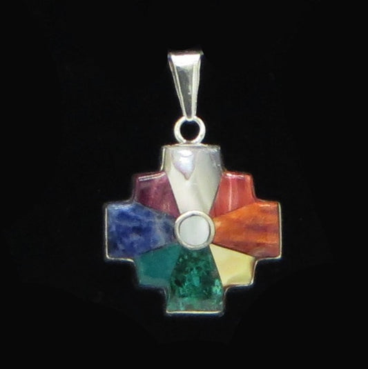 Reversible Chakana Pendant Peru 950 Silver and Stone Inlay Sacred Valley PJV31