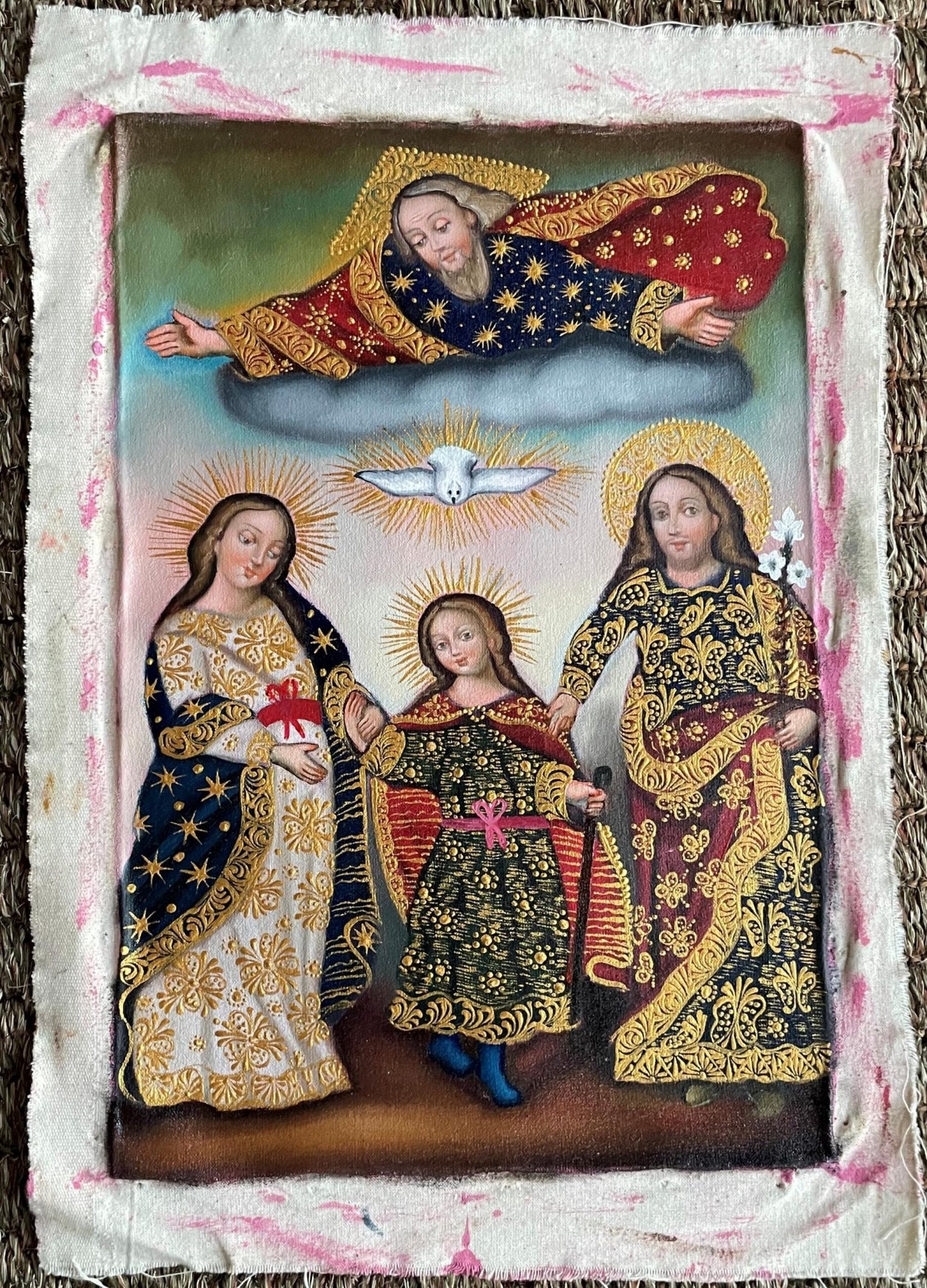 Sacred Family Original Painting Oil on Canvas Cusco School 7 3/8 x 11 1/4 CS52504 - Shaman Things