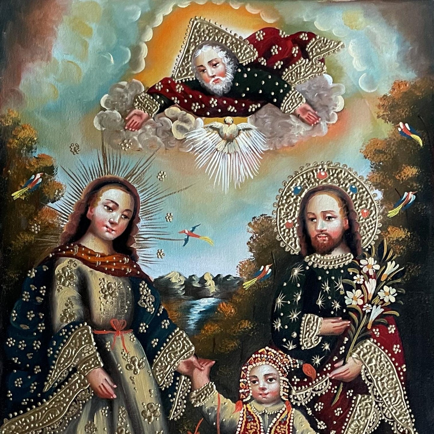 Sacred Family Original Painting Oil on Canvas Cusco School 7 3/8 x 11 1/4 CS52513 - Shaman Things