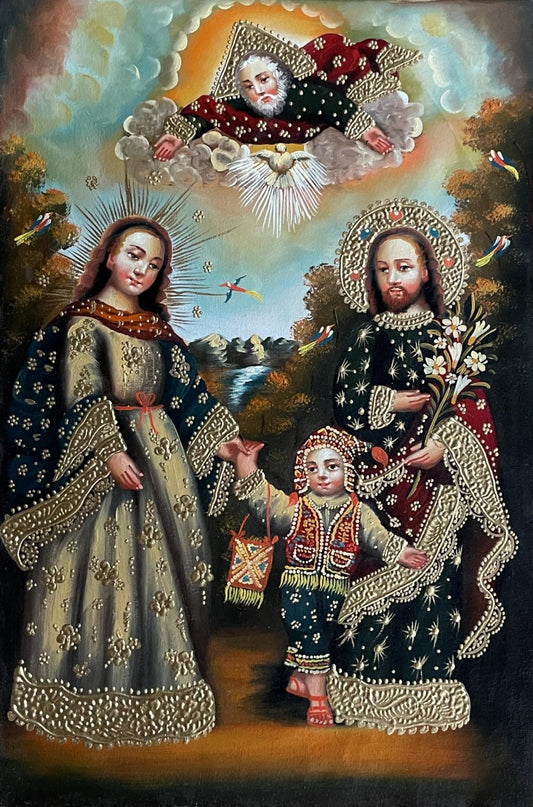 Sacred Family Original Painting Oil on Canvas Cusco School 7 3/8 x 11 1/4 CS52513 - Shaman Things