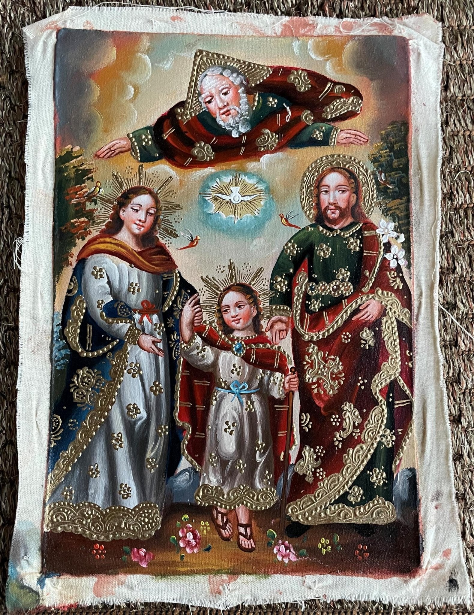 Sacred Family Original Painting Oil on Canvas Cusco School 7 3/8 x 11 1/4 CS52515 - Shaman Things