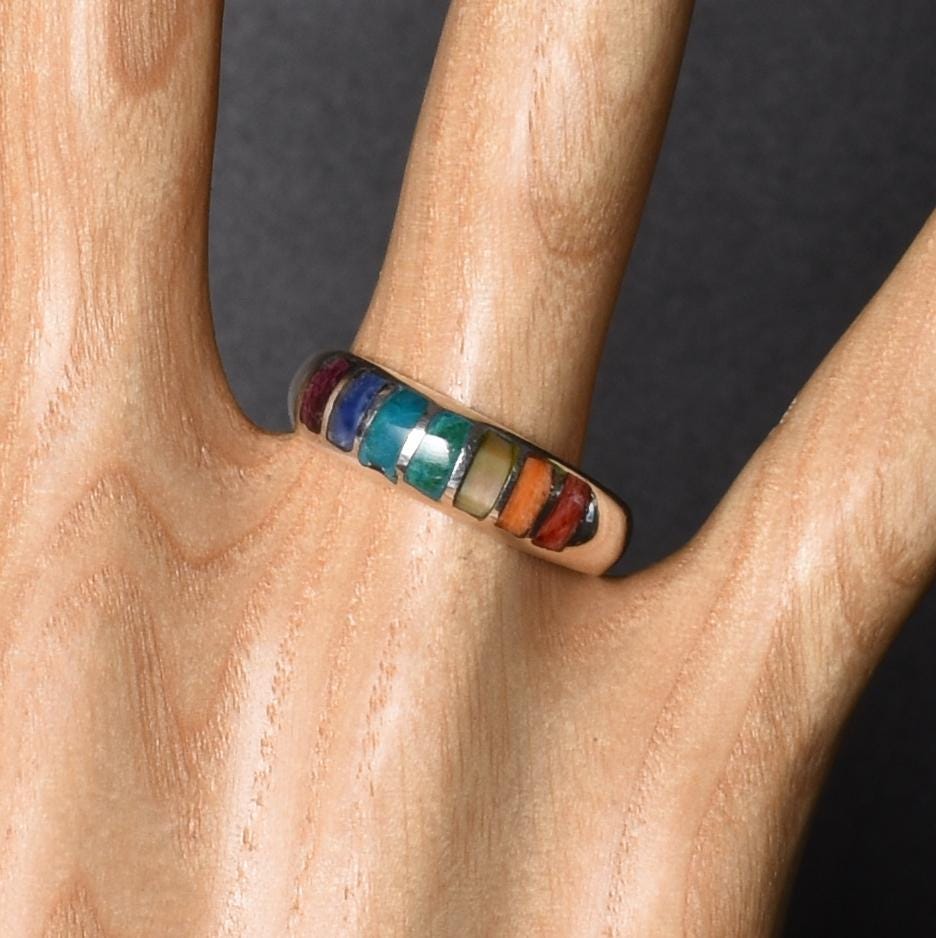 Seven Chakras Ring Size 9 Peru 950 Silver and Stone Inlay Sacred Valley R52516 - Shaman Things