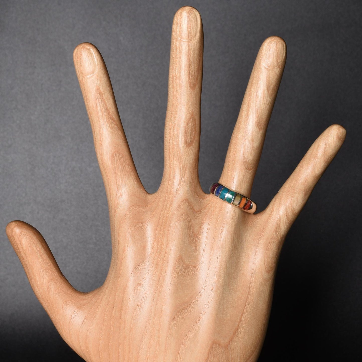 Seven Chakras Ring Size 9 Peru 950 Silver and Stone Inlay Sacred Valley R52516 - Shaman Things