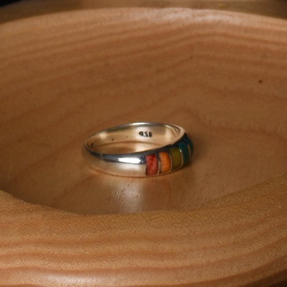 Seven Chakras Ring Size 9 Peru 950 Silver and Stone Inlay Sacred Valley R52516 - Shaman Things