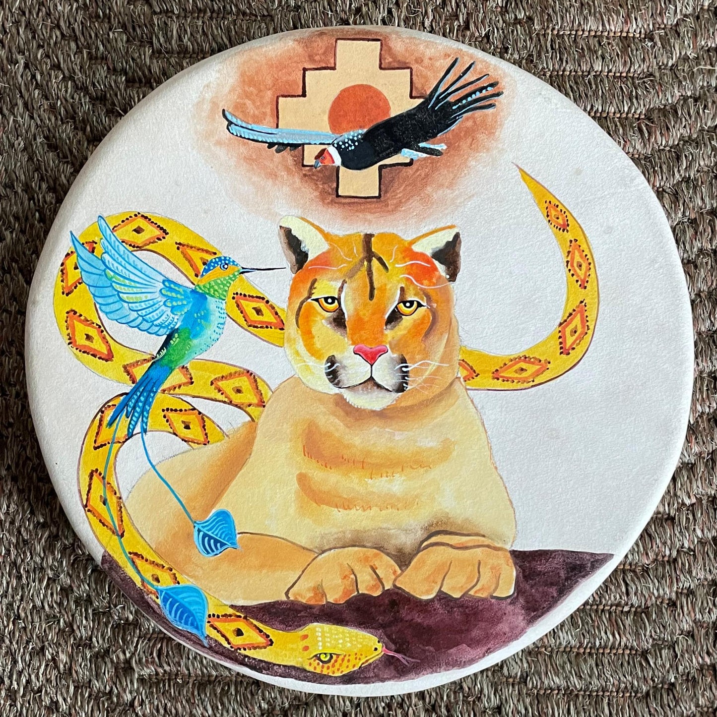 Shaman Drum Hand Made and Hand Painted Jaguar Snake Condor Hummingbird Made in Sacred Valley Peru D52504 - Shaman Things