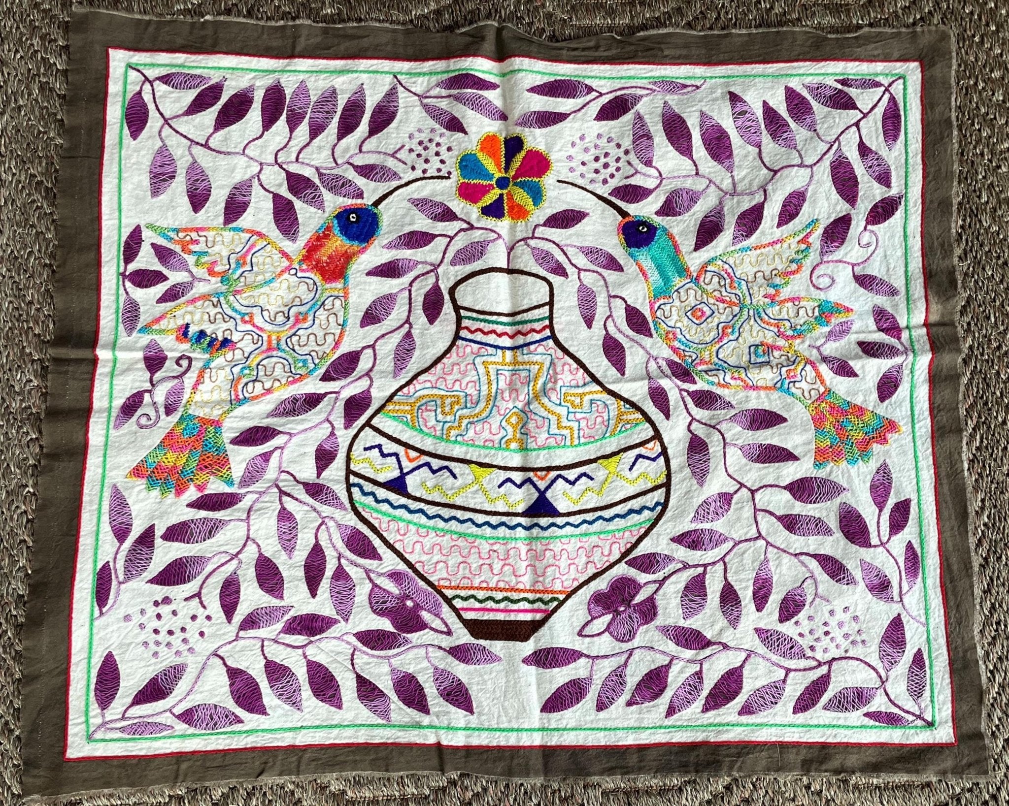 Image showcasing Shipibo Hand Embroidered Tapestry Ayahuasca Hummingbirds – Shaman Things