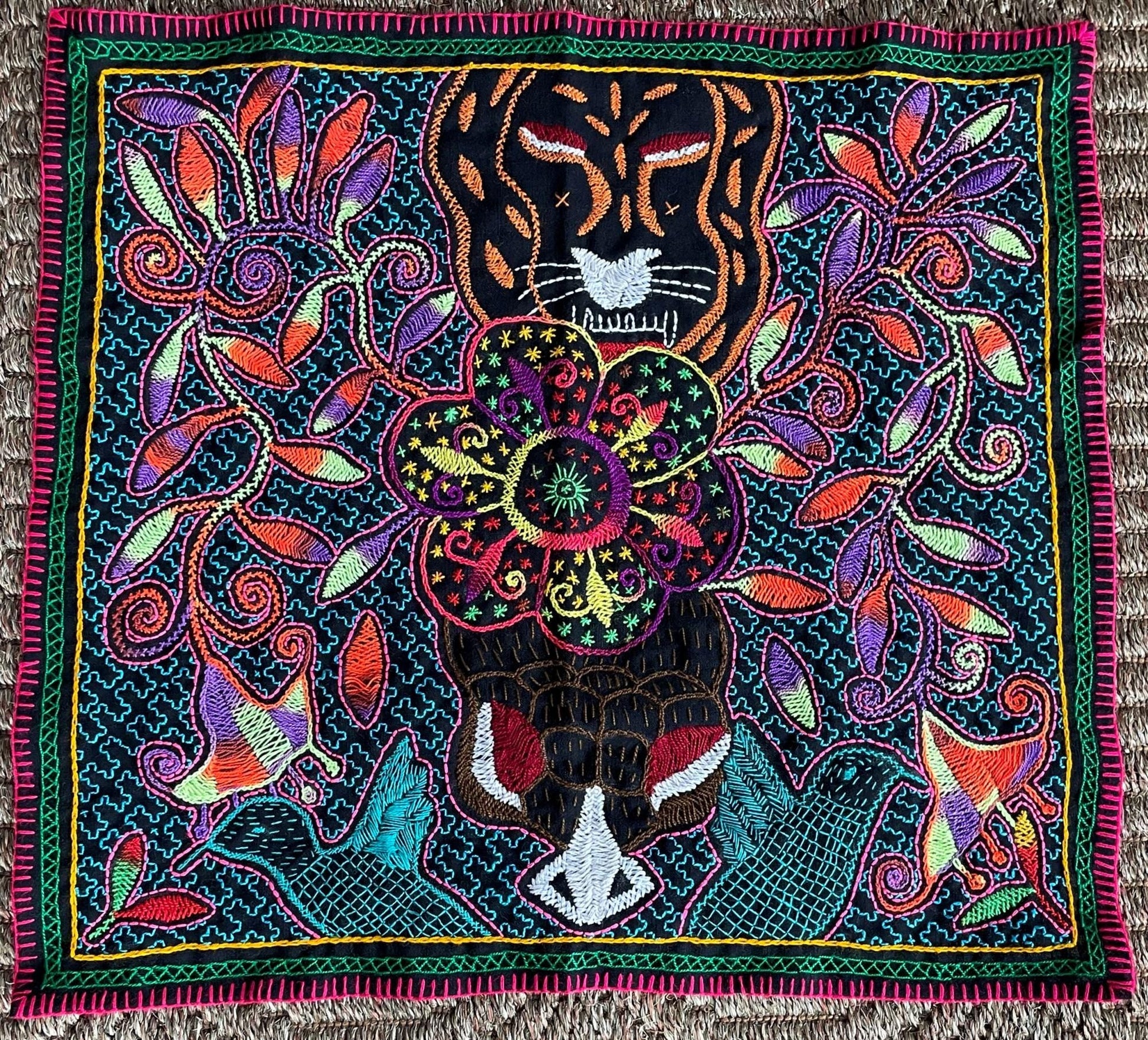 Shipibo Hand Embroidered Tapestry Altar Cloth Ayahuasca Jaguar Hummingbird 18" x 20" PF2311 - Shaman Things