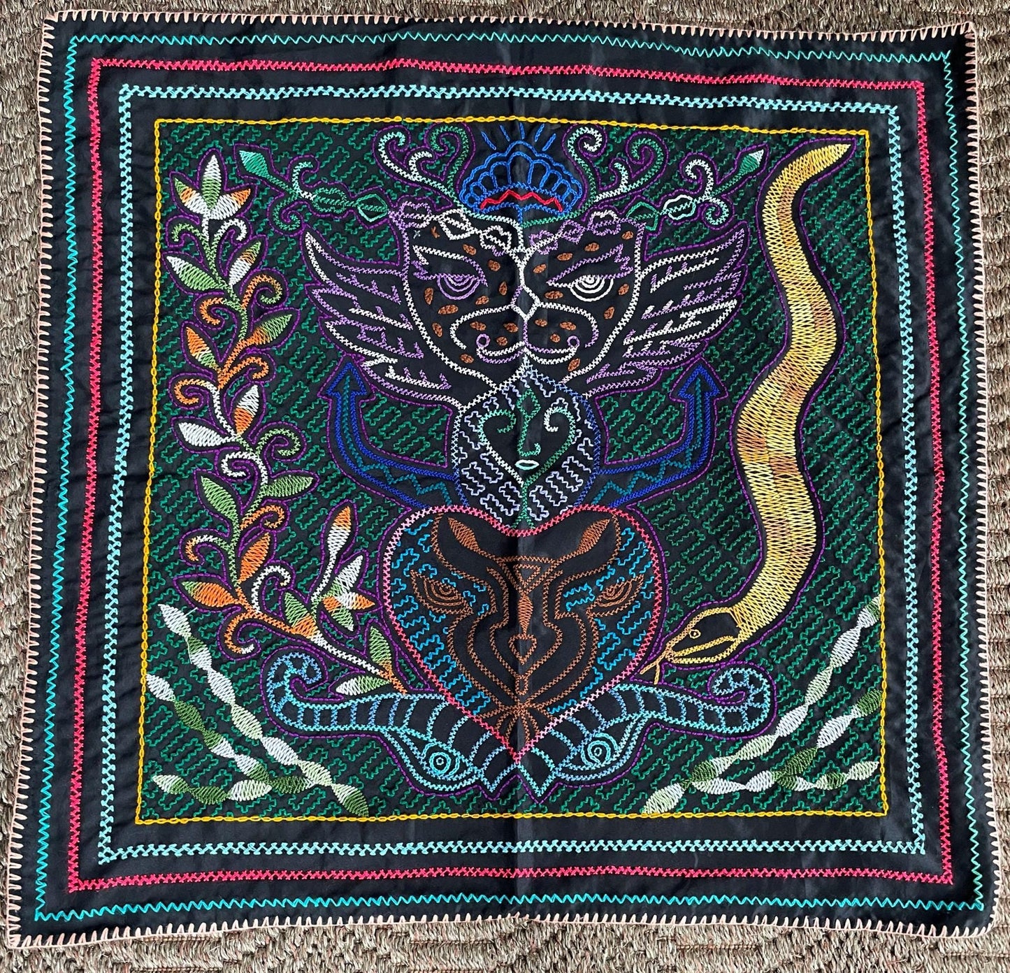 Shipibo Hand Embroidered Tapestry Altar Cloth Ayahuasca Jaguar Snake 28.5" x 28.5" PF2302 - Shaman Things