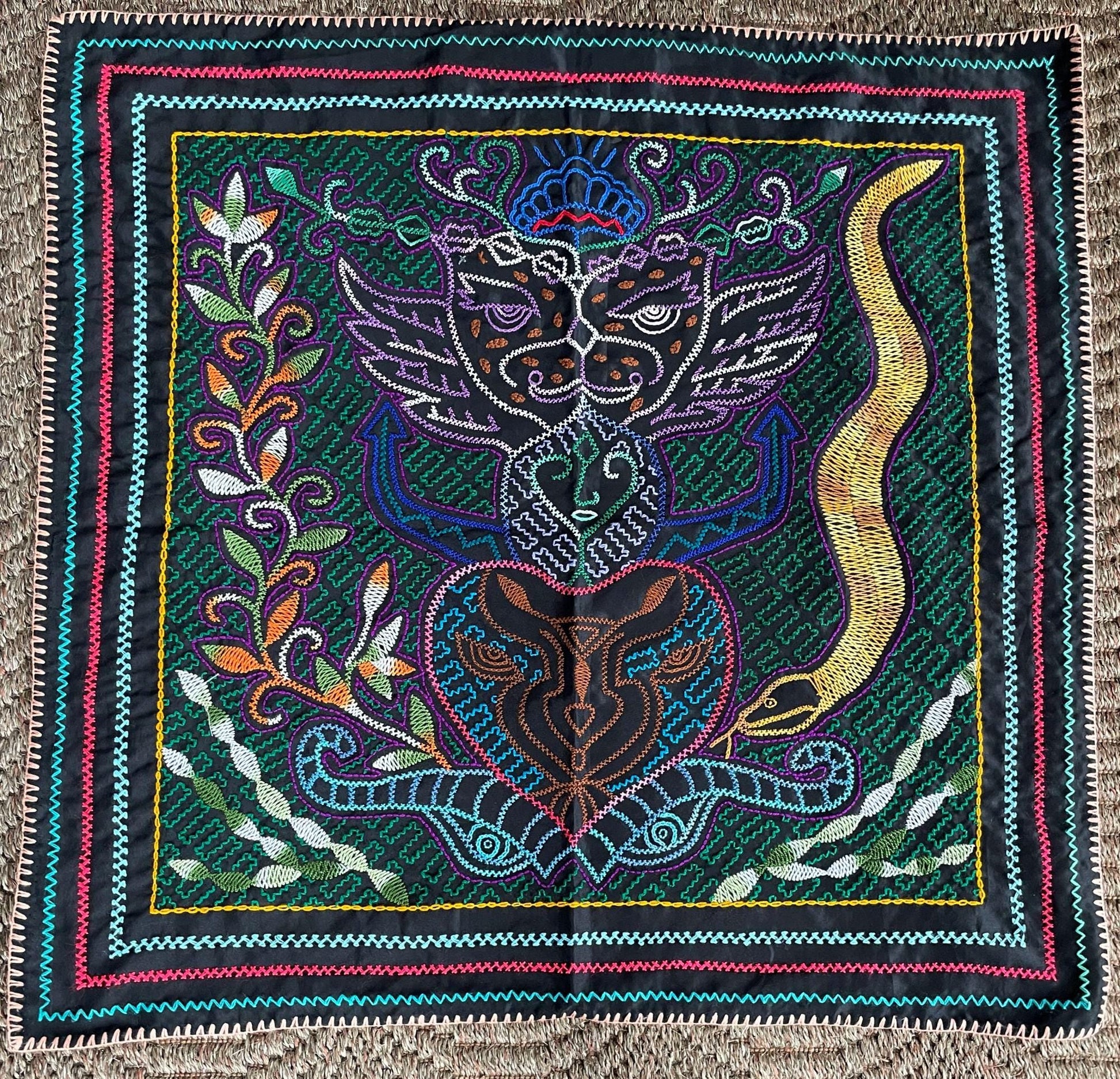 Shipibo Hand Embroidered Tapestry Altar Cloth Ayahuasca Jaguar Snake 28.5" x 28.5" PF2302 - Shaman Things