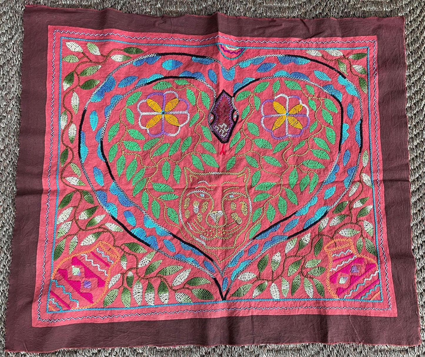 Shipibo Hand Embroidered Tapestry Altar Cloth Ayahuasca Jaguar Snake Heart 25" x 29" PF2303 - Shaman Things